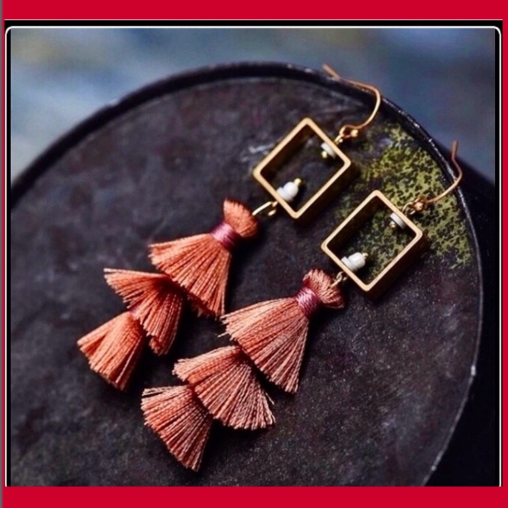 Clearance! New Pink rust abstract square modern square geometric tassel earrings